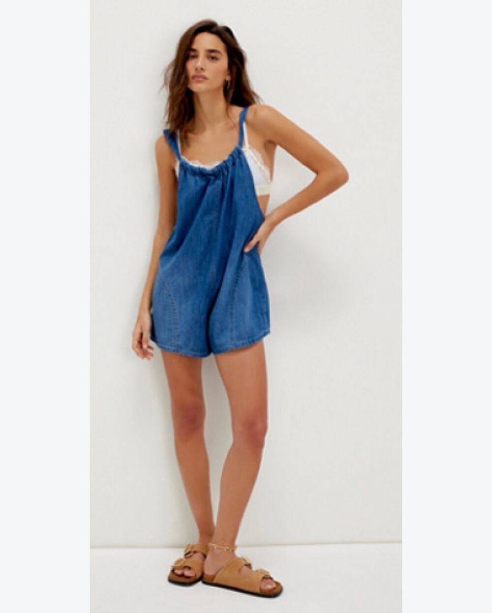 New We The Free Women's Deep Dive Indigo Freebird Shortalls Denim Romper Size S